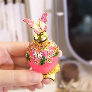 Vintage Miniature Pink Floral Butterfly Perfume Bottle with Butterfly Cap